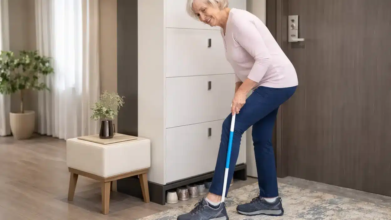 dressing aids for seniors including shoehorn and button hook